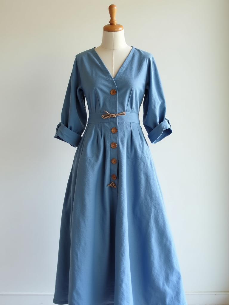 Vestido de linho azul comprido com botões de madeira.